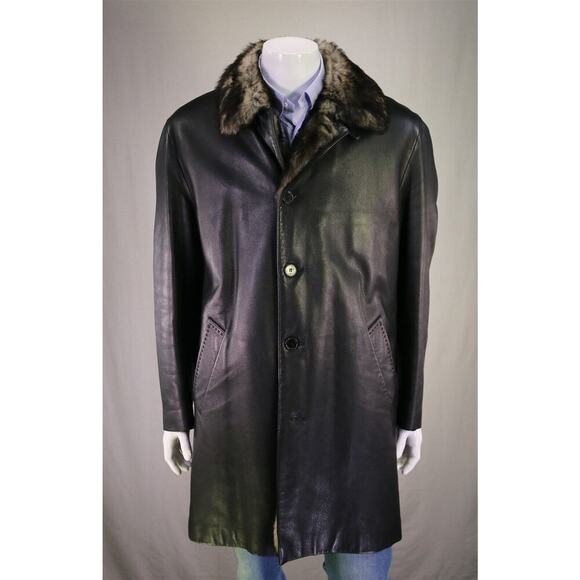 Seraphin Paris Black Leather - Completely Lined in Fur Overcoat Eu 52 - US 42/L - Picture 1 of 10